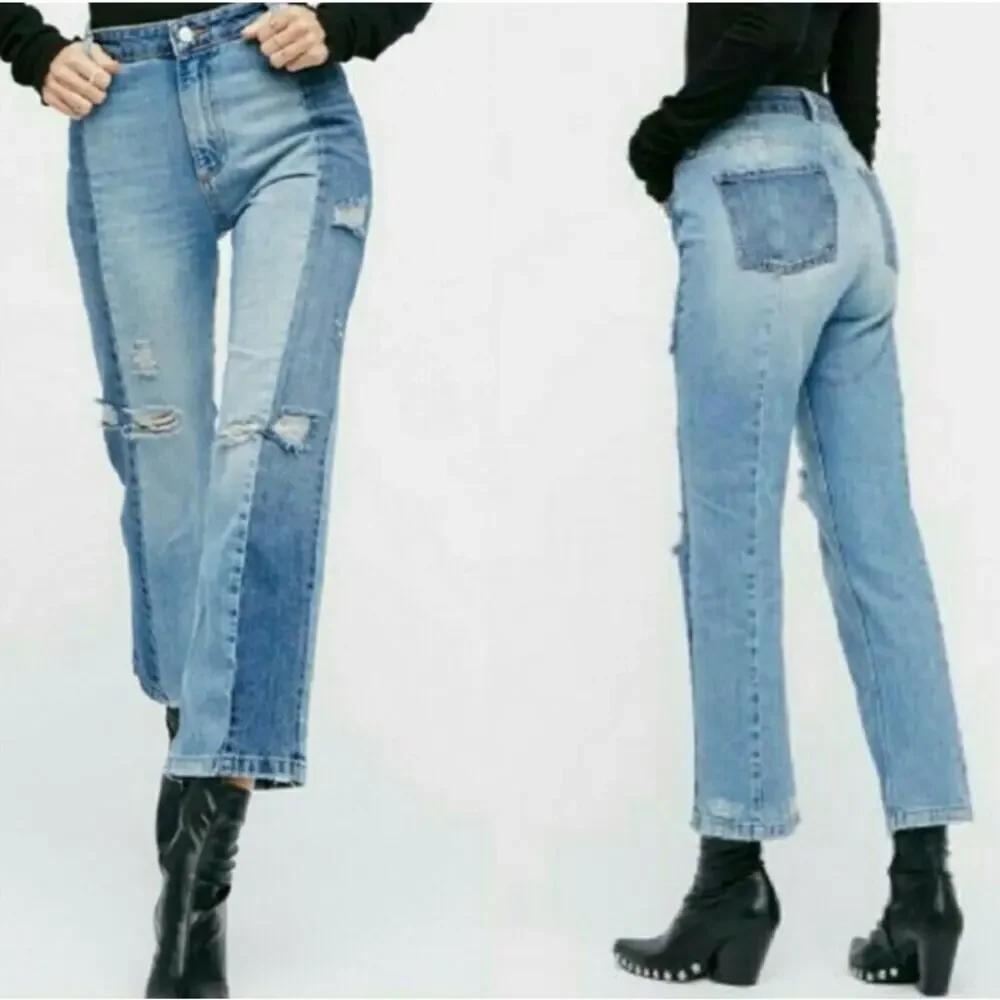 Free People Patchwork 2 Tone Boyfriend Jeans Sz 27 High Rise Cropped Distressed - Picture 1 of 12